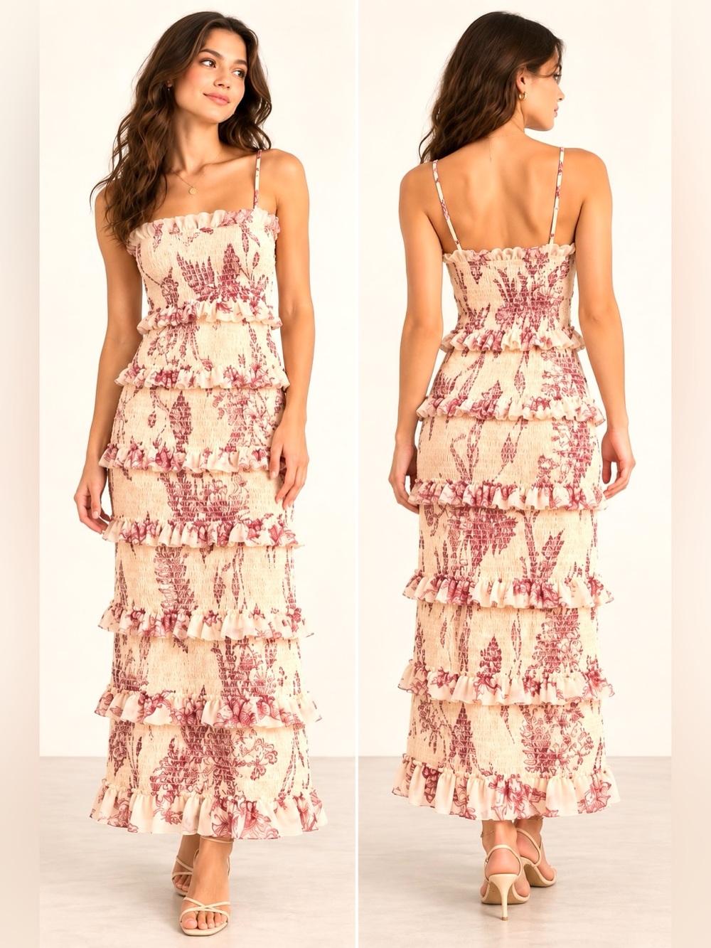 Let Me Be Anthropologie Smocked Tiered Ruffle Floral Maxi Dress XS